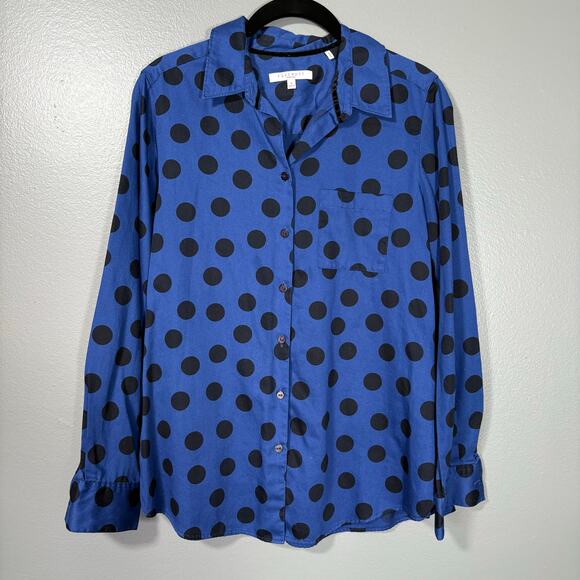 Foxcroft Women's Blue Large Polka Dot Button Up Shirt - Size 8 - Preppy Twee Top - Picture 1 of 6